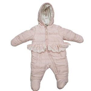 Calvin Klein Baby Girl Pink Puffer Bunting Snowsuit Hood Ruffled Lace Waist 3-6M